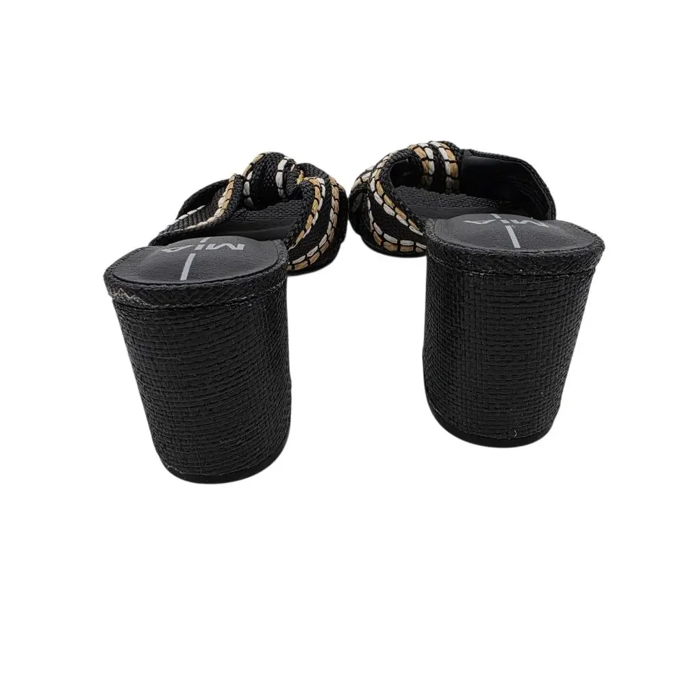 NWOT MIA Black Woven Stripe Hania Knotted Block Heel Slip On Sandals Size 8.5